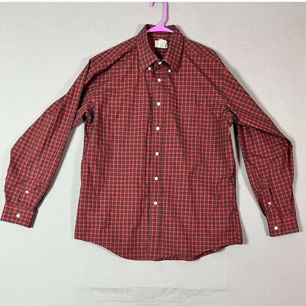 L.L.Bean Men's L Red Black Plaid Shirt – 100% Cotton Woven EUC